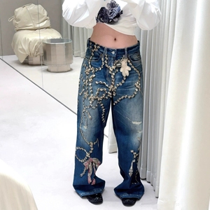 Pantaloni in Denim Sbiadito a Gamba Intera in Cotone, Stile <span class=keywords><strong>Cargo</strong></span> Largo da <span class=keywords><strong>Donna</strong></span> per lo Street Style - Product Image 6