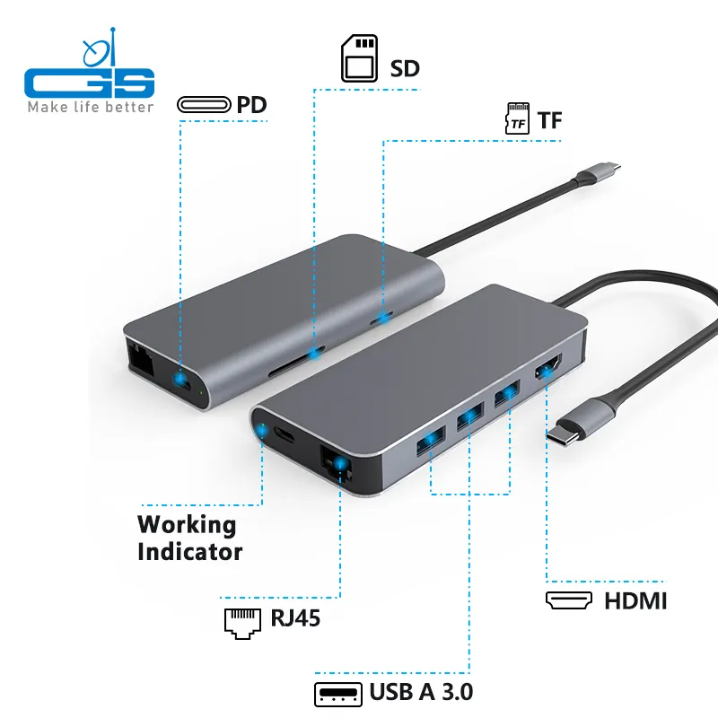 4K USB3.0 RJ45 SD TF Card PD Charging Adapter 8 ports Hubs,Type-c docking station 8 in 1 usb c hub