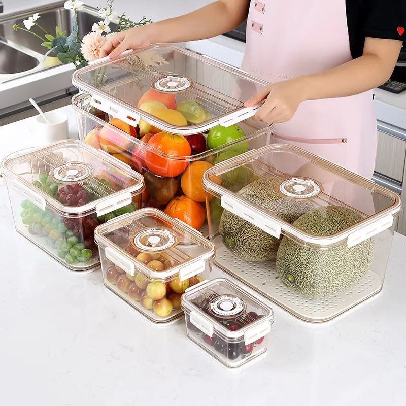 Creative House plastic storage box for refrigerator freezer stackable 5 sizes PET food storage bin with drain tray