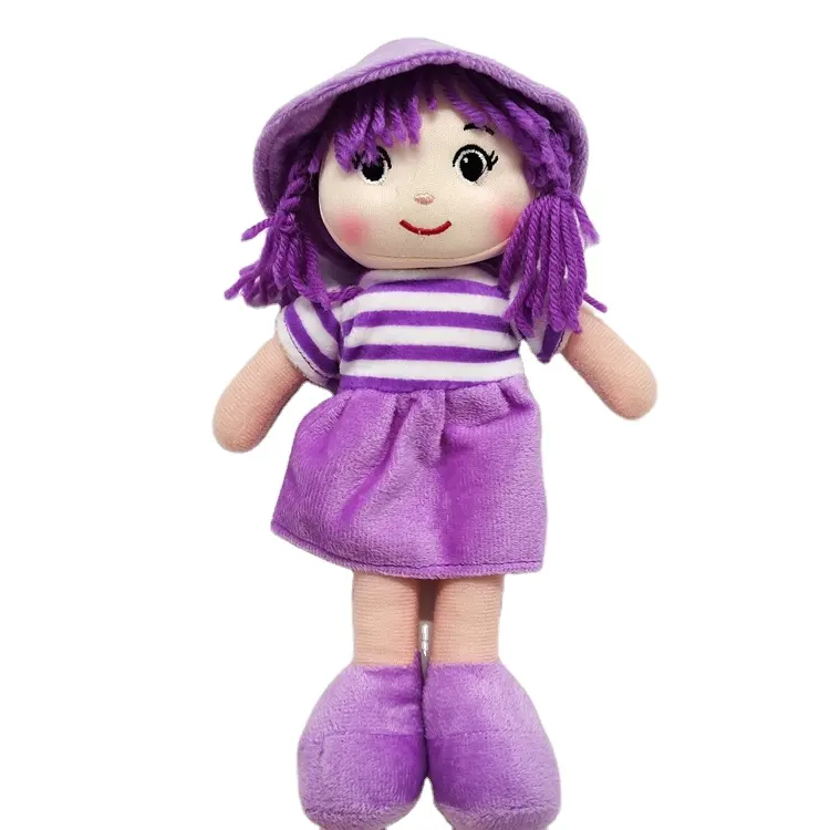 Fabriek Aangepaste Slaap Knuffel Buddy Speelgoed Meisje Eerste Baby Pop Pluche Lappenpop Dragen Paarse Jurk Pop