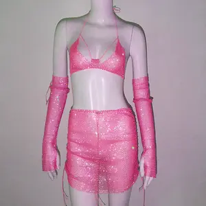 Sıcak satış Sparkly halter parti elbise seksi bölünmüş örgü flaş elmas fishnet set seksi bikini üst mini etek parti için set