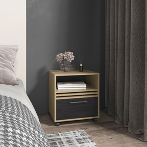 Comodino Vance da 20 pollici con un cassetto e ruote, mobile per camera da letto, in rovere naturale - Product Image 1