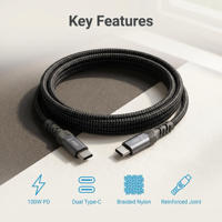 Câble USB Type-C personnalisé d'usine, double Type-C 100W 5A 10 Gbit/s 3.2 Gen 2 en nylon pour appareil photo, 1m 2m 3m, OEM ODM Exclusif, 10 ans de garantie