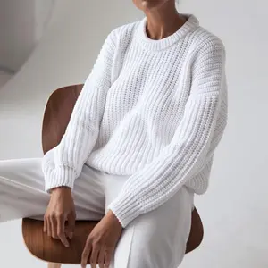 Sweter Rajutan Pullover Wanita, Sweater Pullover Poliester Warna Polos Leher Kru Musim Gugur Musim Dingin