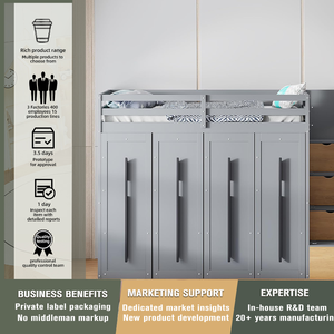 Современная двуспальная кровать в стиле лофт с однотонной двухцветной панелью из сосны и выдвижными шкафами, мягкая кровать - Product Image 4