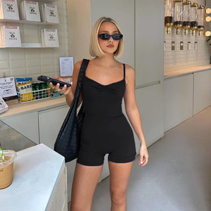 Women <b>Black</b> Spaghetti Strap Ruched Bodycon Romper Sleeveless Solid Knit Summer <b>Jumpsuit</b> <b>Short</b> Length Stretch Fit - Product Image 4