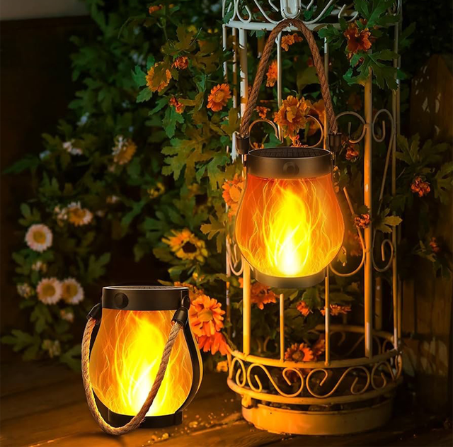 Small Solar Powered LED Flame Lantern Warm White IP65 Waterproof Decorative Patio Outdoor Garden Lights Hanging Hemp Rope