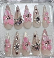 Faux ongles longs stiletto faits main à presser, nude blanc, avec décoration anneau métallique perforant style French, couvrance totale, en gel souple, 10 pièces