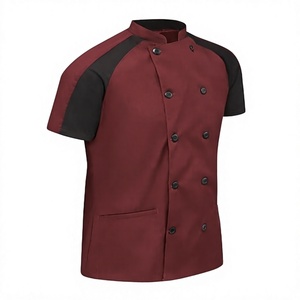 Veste de chef unisexe unique en toile de coton 100% marron, manches courtes, double boutonnage, panneau d'épaule noir, uniforme de cuisine de restaurant - Product Image 3