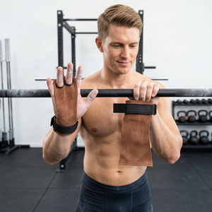 Customizable Cowhide Leather Heavy Duty Non-Slip Hand Grips in Brown Color for Weightlifting Fitness Safety Training - Product Image 1