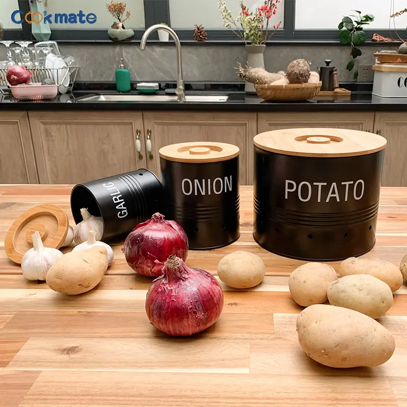 Recipientes de lata de armazenamento 3 peças, cebola, batatas, metal canister, conjunto de recipientes com tampa de bambu preto