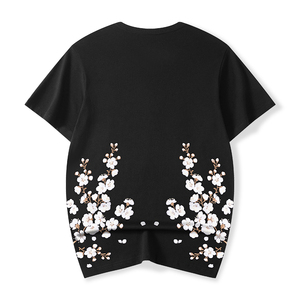 T-shirt surdimensionné noir brodé de fleurs, 100% coton, unisexe, manches courtes, col rond, style japonais, logo personnalisé - Product Image 1