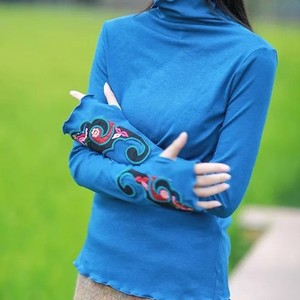 Ethnic Style Embroidered High Neck Long Sleeve Base Shirt For Women Blue With Wood Ear Edge Autumn Winter Warm Wear - Product Image 5