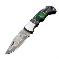 Couteau de chasse en acier Damas à pointe tombante avec manche vert, bord biseauté, épaisseur 0,7 mm, couteau pliant fabriqué en usine