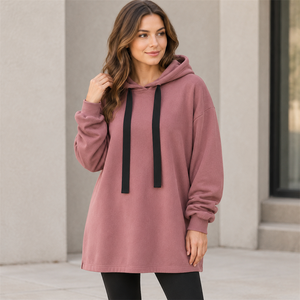 <b>Women's</b> Rose Mauve <b>Longline</b> <b>Hoodie</b> Dress Drop Shoulder Pullover with Black Drawcords - Product Image 5