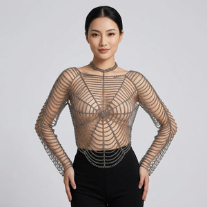 Haut en maille de chaîne effet toile d'araignée avec manches |   Armure de cosplay de fantasy médiévale |   Robe en maille de chaîne |   Robe de soirée pour filles, bar, discothèque, club - Product Image 1