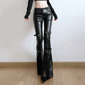 Pantalones de Mujer Estilo Gótico Oscuro, de Piel Sintética, con Corte Acampanado, Ribete de Encaje, Hebilla Metálica, Ajustados, Estilo Urbano Vanguardista - Product Image 4