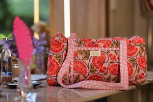 Pink Floral Hand <b>Block</b> Printed Cotton Duffle Bag Handmade Indian Travel Tote Lightweight Ecofriendly Weekender Bag - Product Image 2