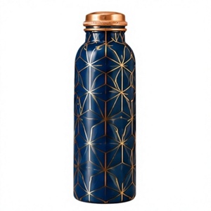 Modern Navy Blue <b>Copper</b> <b>Water</b> <b>Bottle</b> with Geometric Gold Pattern and <b>Copper</b> Lid Portable Eco Friendly Drinkware - Product Image 1
