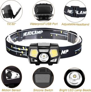 Linterna frontal recargable 5 modos Luz roja Sensor <span class=keywords><strong>de</strong></span> movimiento 5 modos <span class=keywords><strong>de</strong></span> iluminación IP65 Resistente al agua Litio-Ion USB - Product Image 2