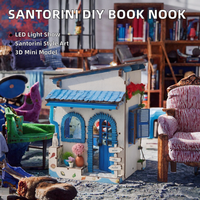 Kit de bricolage pour coin de lecture style méditerranéen, puzzle 3D maison miniature de plage avec lumière LED pour décoration de bibliothèque, cadeau