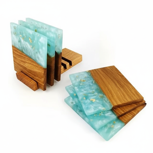 Juego de posavasos de media madera y resina con soporte de mesa Posavasos de madera natural y resina epoxi de gran calidad - Product Image 1