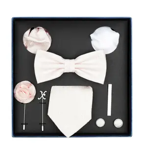 Venda quente dos homens Tie Set Gift Box Marca de moda Bowtie Pocket Squares Broche Cufflinks Clip Suit Para Mens Gravata Wedding Party