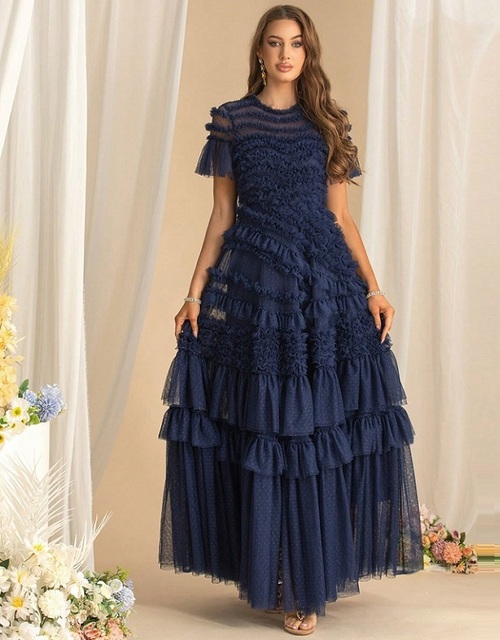 Plus Size Evening Gowns 2026 Spring Party Women Allover Cascading Ruffle Flower Patterns Short Sleeve Dark Blue Long Mesh Dress