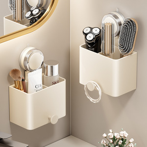 Suction Mounted Bathroom Organizer Rectangular Wall <b>Shelf</b> With <b>Hook</b> For Razor Comb Toothpaste Storage Corner Mount Durable - Product Image 1