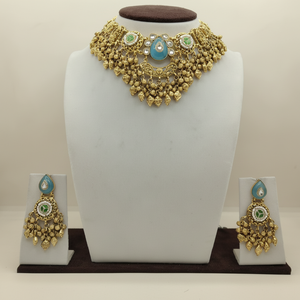 Grand Traditional <b>silver</b> <b>Choker</b> Necklace and Earring Set with Blue and Green Stones for Bridal and Festive Wear - Product Image 3