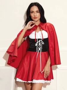 Ensemble de costume de petit chaperon rouge pour Halloween, pour femmes, comprenant une cape, une robe et un tablier pour une robe de fête cosplay - Product Image 1