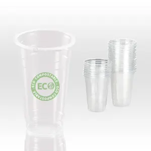 Taza y tapas transparentes biodegradables pla, a base de plantas, bebida fría