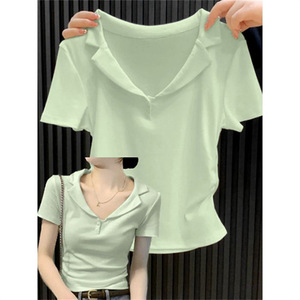 Estilo americano <span class=keywords><strong>Mujer</strong></span> Verano Casual para Polo Color sólido Cuello en V Slim-Fit Top corto Turn-Down Collar Base de manga corta - Product Image 3