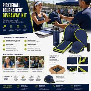 Kit promotionnel personnalisé pour tournoi de pickleball avec gourde de sport, serviette, casquette, housse de raquette, bandes antidérapantes et sac de sport - Product Image 4