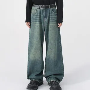 Heavyweight Hetero homens jeans largos Streetwear Hip-hop Homens perna larga jeans de alta qualidade Desvanecido Vintage angustiado Denim jeans