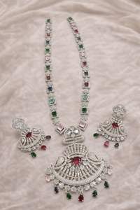 Traditional American Diamond Pendant Set - Classic Silver Plated <b>Necklace</b> <b>and</b> <b>Earrings</b> Jewelry for Women <b>and</b> Girls - Product Image 6