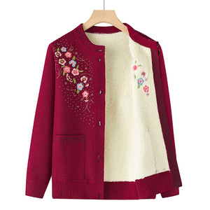 Ropa de <span class=keywords><strong>abuelas</strong></span> para mujer, suéter de cuello redondo con bordado Floral y punto grueso acolchado de invierno para mamá, cárdigan de otoño - Product Image 2