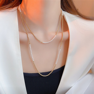 Collana a strati con catena a maglie geometriche alla moda in rame senza piombo con perle <span class=keywords><strong>Swarovski</strong></span>, <span class=keywords><strong>gioielli</strong></span> da sposa placcati oro in rame - Product Image 2