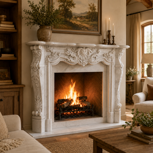 Traditional Marble <b>Fireplace</b> Mantel With Ornate Carving white marble Stone Indoor Wood Burning Hearth For Dining - Product Image 6