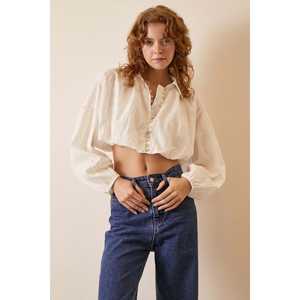 Blusa Corta con Mangas Abullonadas, Blanca, de Popelina Transparente, Informal, para Mujer, para Uso Diario - Product Image 6