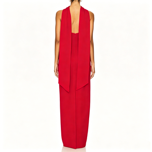 Vestido de Noche Largo Rojo Rubí sin Tirantes con Cuello Tipo Pañuelo Integrado, Tallas S-6XL, Crepé, Vestido Formal para Banquete, Gala, Venta al por Mayor para Boutiques - Product Image 4