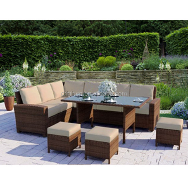 Economical Design Outdoor Furniture Rattan Dining Sofa Ottoman Tables Set