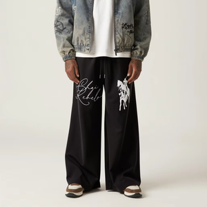 Pantalon de jogging décontracté ample noir pour homme, avec logo cheval brodé 100% coton, réversible, taille multiple - Product Image 1