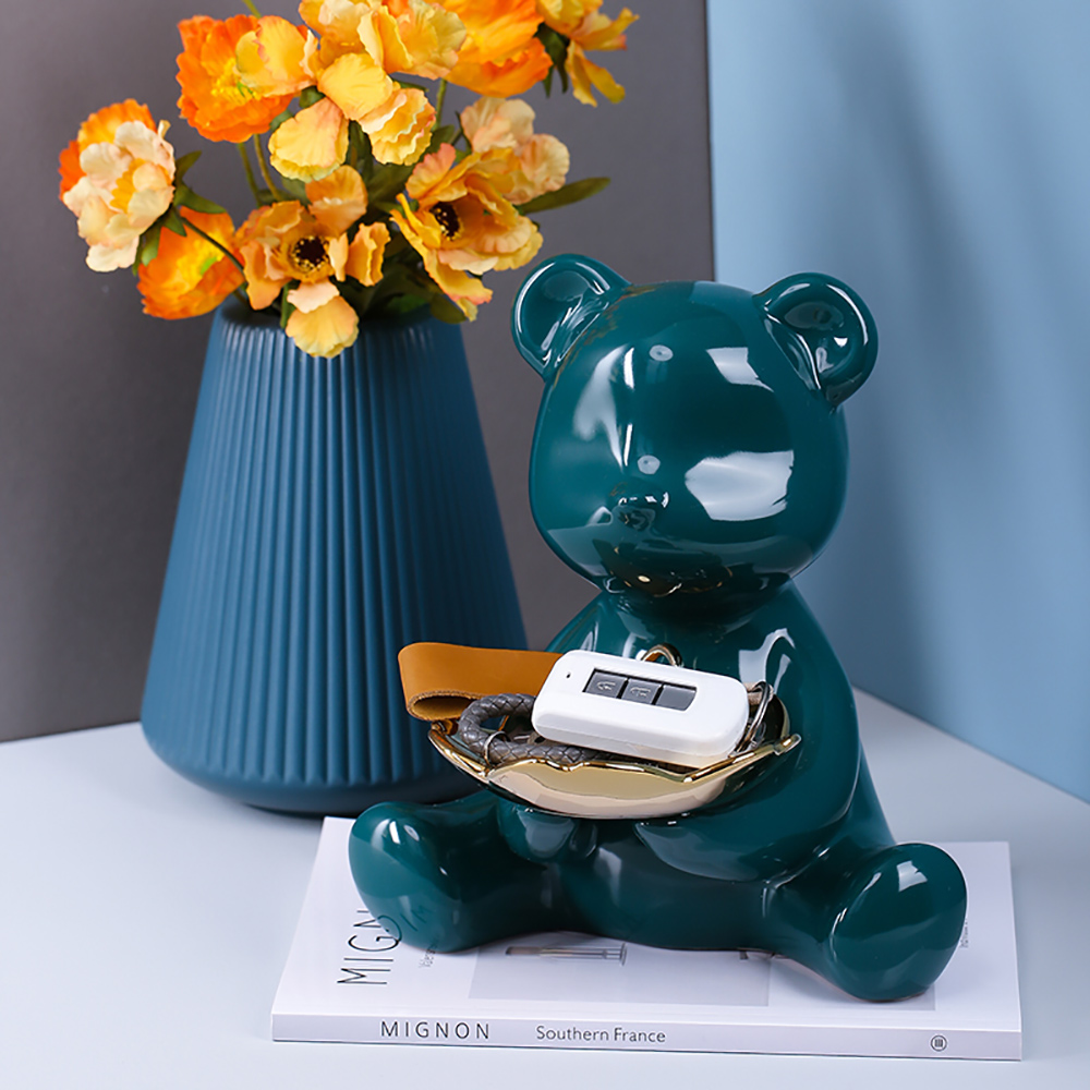 セラミック動物の置物クマの彫刻収納メタルトレイリビングルームの