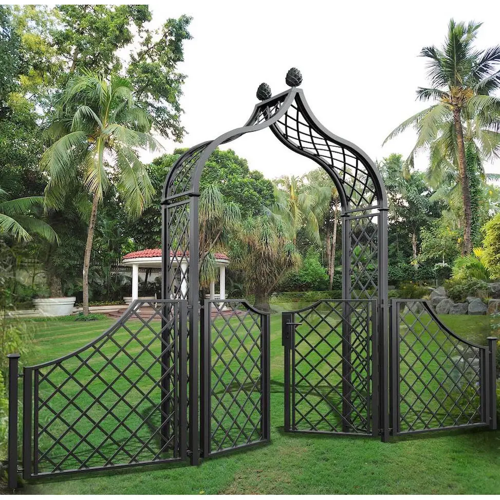 Portão de ferro forjado com arco de jardim em ferro ornamental revestido a pó