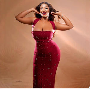 Vestido Vintage Antiestático <span class=keywords><strong>Elegante</strong></span> de Estilo Europeo Americano con Hombro Descubierto, Cuello Halter, Abertura Alta y Adornos de Cuentas y Diamantes, Corte Imperio - Product Image 4