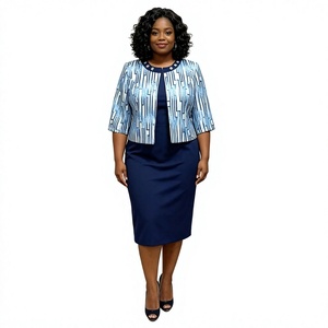 Ensemble veste et robe élégante à imprimé géométrique pour femmes grandes tailles, bleu marine, longueur genou, col rond, pour l'automne - Product Image 1