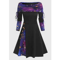 Robe midi évasée pour femme, à carreaux patchwork, épaules dénudées, manches longues, avec boutons décoratifs, pour Noël, automne, hiver, fêtes et occasions spéciales