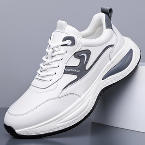 OneShade Men's <b>White</b> Leather Sneakers Round Toe <b>Lace</b>-Up Soft Sole Casual Sports Shoes Adult Size 8818 - Product Image 1