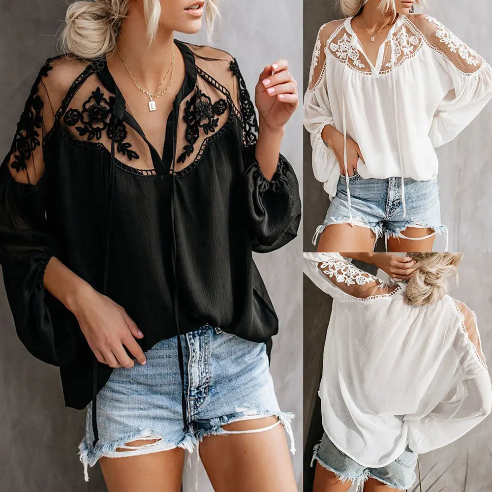 Yeni seksi see-through v yaka şifon bluz gömlek dantel uzun kollu casual kadınlar için bluzlar tops